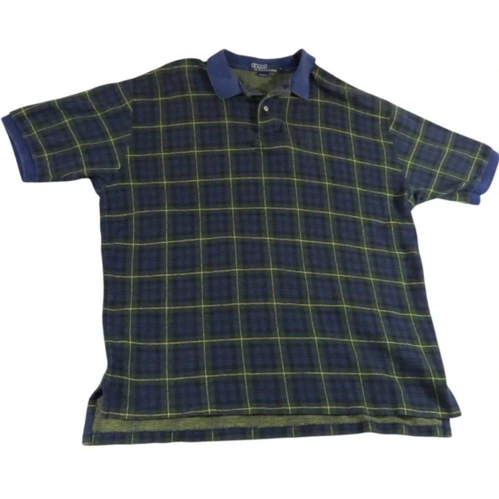 VTG Polo Ralph Lauren Tartan Plaid Polo Shirt Men L Navy Green Pique Cotton USA